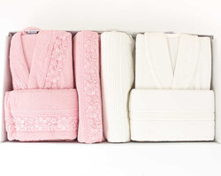 FİESTA GÜPÜRLÜ BUKLE BORNOZ SETİ/6 PARÇA KUTULU/523/1 Krem-Pembe - FİESTA