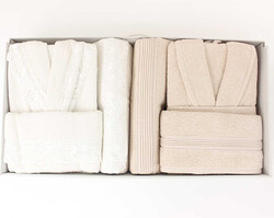 FİESTA GÜPÜRLÜ BUKLE BORNOZ SETİ/6 PARÇA KUTULU/523/2 Krem-S.Kahve - FİESTA