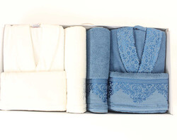 FİESTA JAKARLI BORNOZ SETİ/6 PARÇA KUTULU/537/2 Krem-Mavi - FİESTA