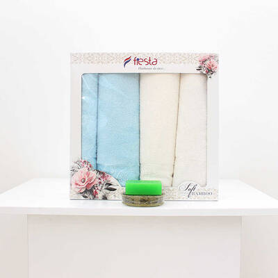 FİESTA SOFT BAMBU JAKARLI HAMAM TAKIMI/4 PARÇA/50X90-70X140/2503-Krem-Mavi - 2
