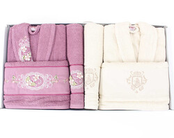 FİESTA TUĞRA NAKIŞLI BORNOZ SETİ/6 PARÇA KUTULU/501/2 Bej-Gül Kurusu - FİESTA